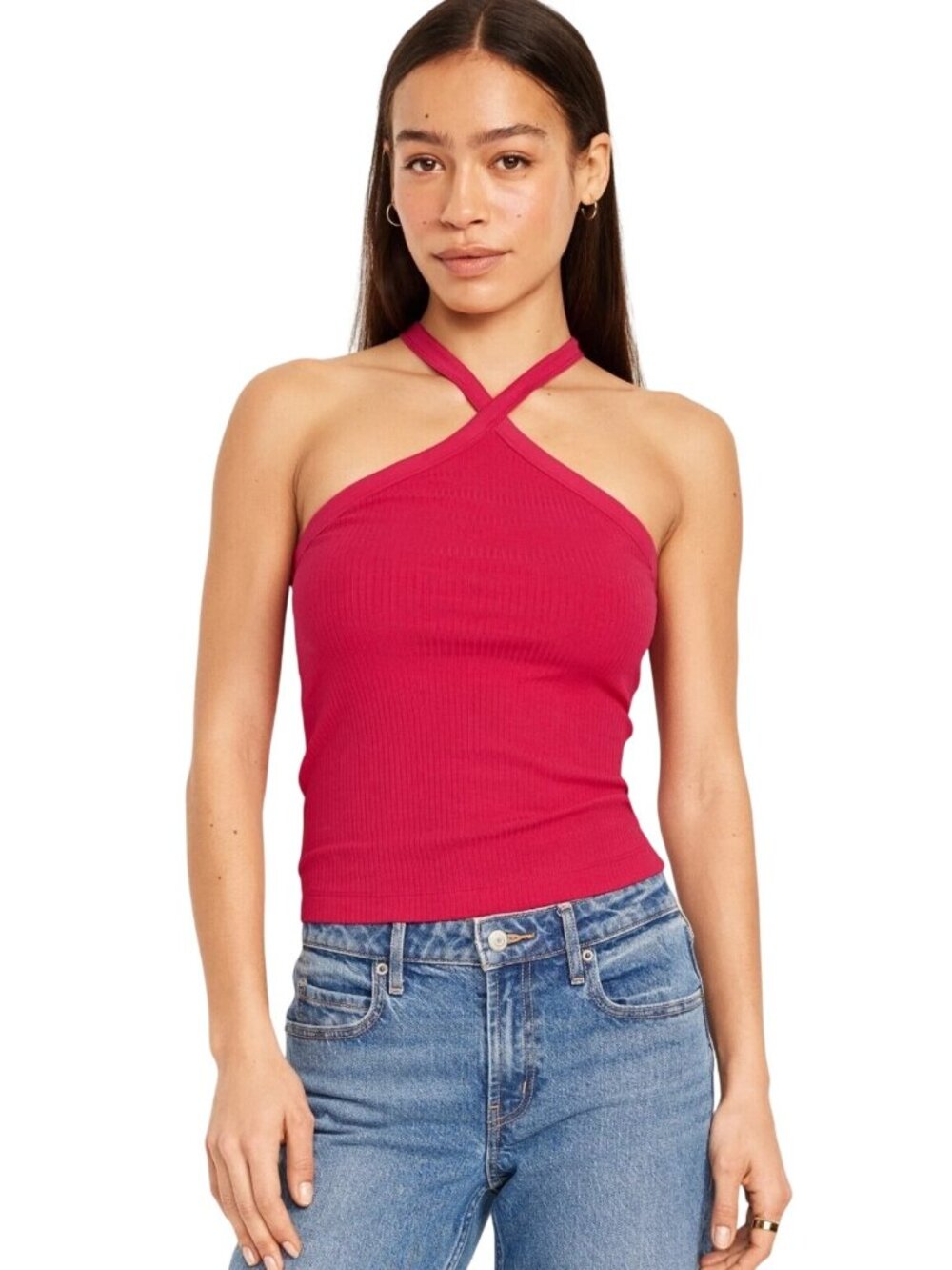 Old Navy Tank Top XS Ribbed Diamond Halter Neck Sleeveless Carousel Pink Barbie